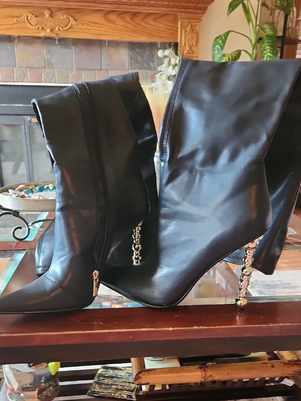 Fashion Nova Black Mid-Calf Heeled Boots with Jeweled Heel Accent